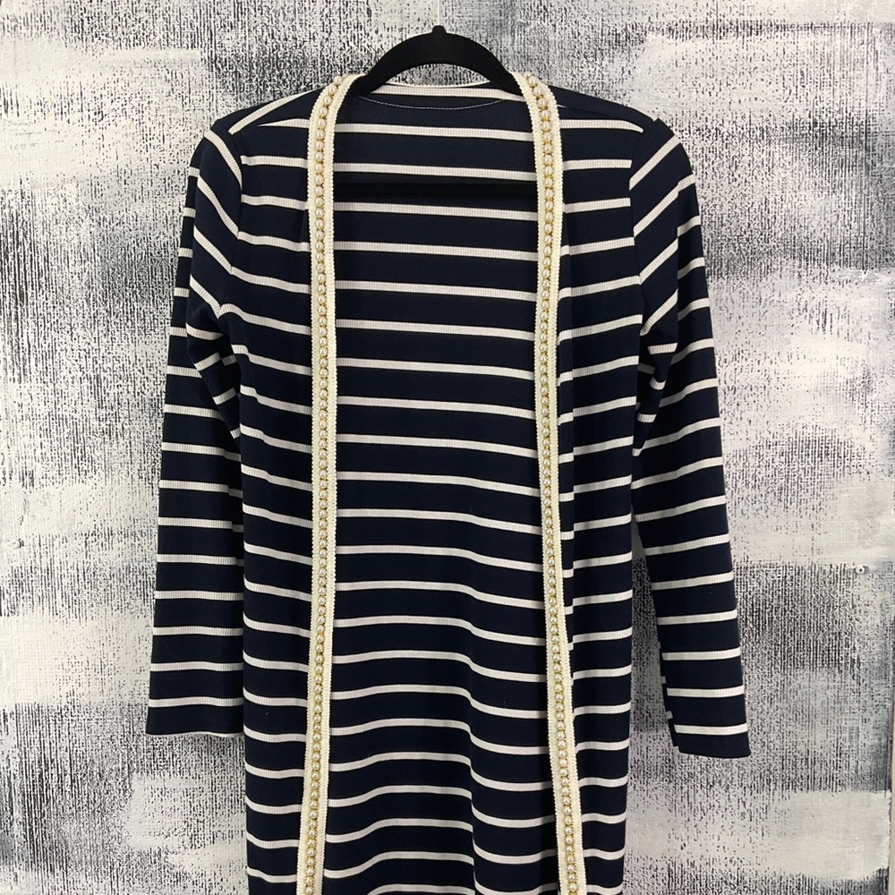 NAVY AND WHITE LONG CARDIGAN WITH PEARL DETAIL XS